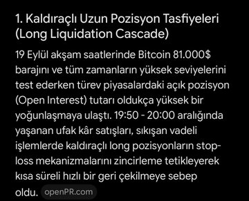 A Turkish-language infographic titled "1. Kaldıraçlı Uzun Pozisyon Tasfiyeleri (Long Liquidation Cascade)" explains how Bitcoin, while testing all-time highs of $81,000 at 19:50-20:00 on September 19, triggered forced long position liquidations on futures exchanges, causing a rapid wave of stop-loss selling. The caption "OpenPR.com" appears at the bottom, and the content supports the accompanying post's claim about orchestrating the BTC price movement at that specific time.