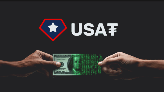 The image shows two hands holding a green piece of paper with the text "USAAT" written on it. The background appears to be black, which contrasts with the white text on the paper. The focus of the image seems to be on the interaction between the two hands and the paper, possibly indicating an exchange or transaction related to the USAAT currency.