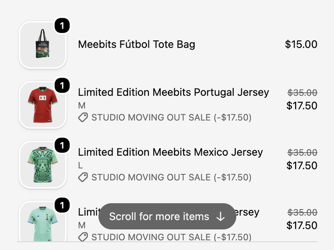 A product listing page showing Meebits merchandise including a 'Meebits Fútbol Tote Bag' for $15.00 and various 'Limited Edition Meebits' soccer jerseys discounted during a 'STUDIO MOVING OUT SALE'.
