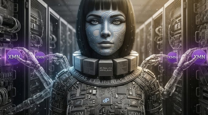 A humanoid robot with circuit-board skin stands in a server room, with "XMN" glowing purple in neon displays on either side. The text "VERITAS ET LIBERTAS POTEST" and "USXM" appear on the robot's chest and neck, visually reinforcing the post's claim of XMoney (XMN) and MultiversX (Supernova) being intrinsically linked as the future of agentic payments.