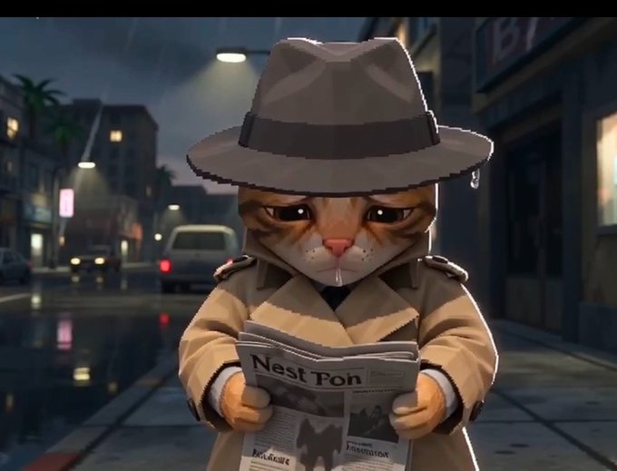 A digital illustration of an orange tabby cat dressed as a detective in a trench coat and fedora, reading a newspaper titled 'Nest Pon' on a rainy city street.