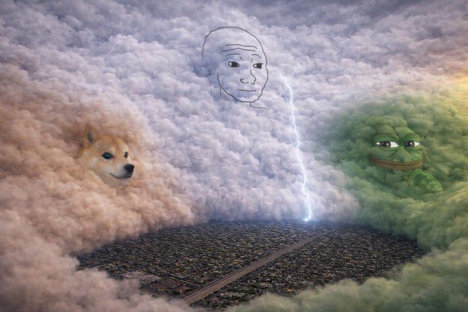A white dog, a green frog, and a gray cloud with a lightning bolt are depicted against a light brown sky.