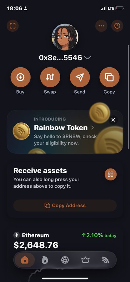 A cryptocurrency wallet app screenshot displaying an Ethereum balance of $2,648.76 (up 2.10% today), action buttons for Buy, Swap, Send, and Copy, and a promotional banner for 'Rainbow Token' ($RNBW).