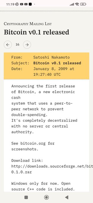 A mobile screenshot of the Cryptography Mailing List showing Satoshi Nakamoto's email announcing the first release of 'Bitcoin v0.1' on January 8, 2009, describing it as a decentralized peer-to-peer electronic cash system.