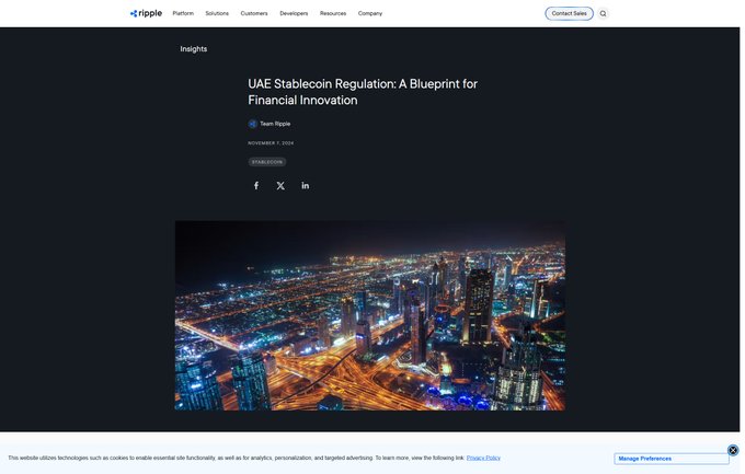 A webpage screenshot from Ripple featuring an article titled "UAE Stablecoin Regulation: A Blueprint for Financial Innovation" by Team Ripple, dated November 7, 2024, accompanied by a nighttime cityscape image of a UAE metropolis. The article header directly supports the post's discussion of the UAE Central Bank's payment token services rulebook, which Ripple highlights as a model framework for stablecoin oversight in the region.