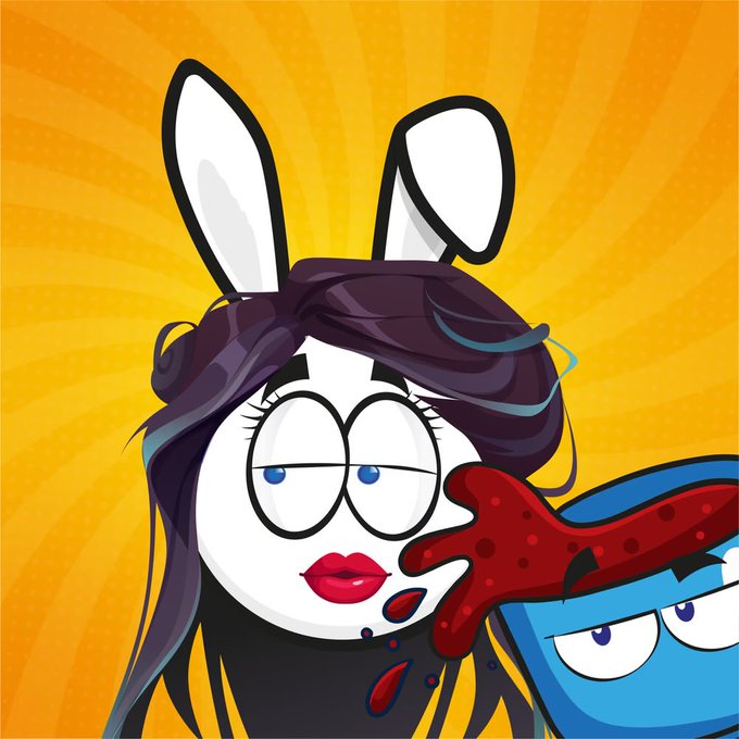 A cartoon image shows a stylized white rabbit with dark purple hair and red lips next to a blue square character, set against a sunny orange background, with a red splash between them. The playful, blood-like splash and "NONEday morning" phrase suggest a humorous Monday morning mood—the red drip implying the start of the week is shocking or painfully early.