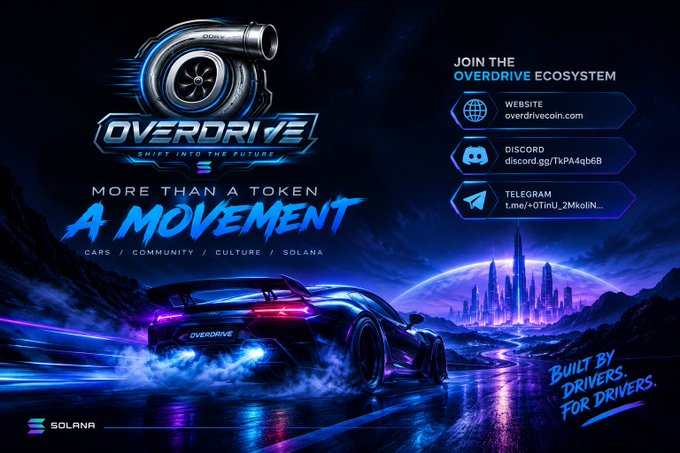 A promotional banner for 'OVERDRIVE' crypto token on Solana features a stylized turbocharger logo, a futuristic sports car, and links to its website, Discord, and Telegram.