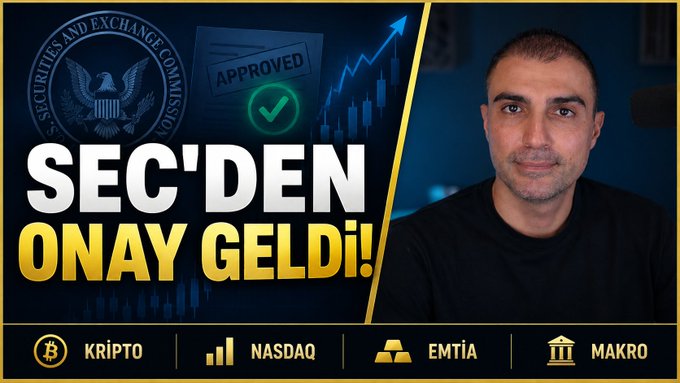 YouTube thumbnail featuring a man on the right with Turkish text 'SEC'DEN ONAY GELDI!' (Approval from SEC!) on the left, alongside the SEC seal, an 'APPROVED' stamp, and a rising stock chart, with category tabs for 'KRIPTO,' 'NASDAQ,' 'EMTIA,' and 'MAKRO' below.