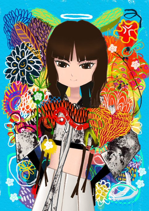 A stylized anime-style illustration of a dark-haired girl with a halo, surrounded by vibrant, intricate patterns of flowers and abstract shapes on a turquoise background.