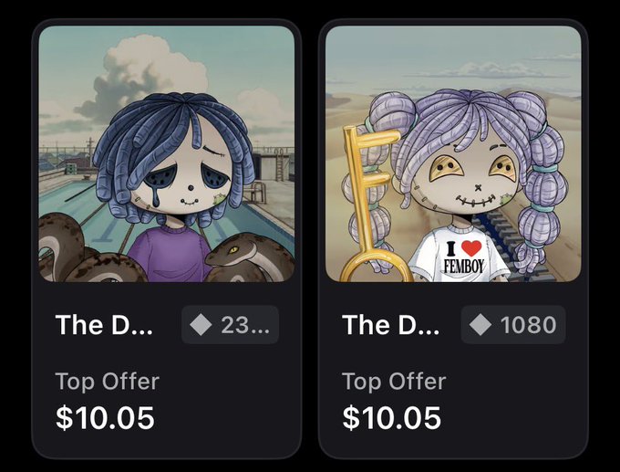 Two NFT listings titled 'The D...' both priced at $10.05, showing cartoon-style characters with blue and pink hair respectively.