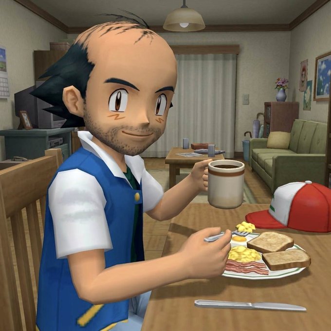 Ash Ketchum from Pokémon eating a breakfast of bacon, eggs, and toast while holding a mug of coffee at his dining table.