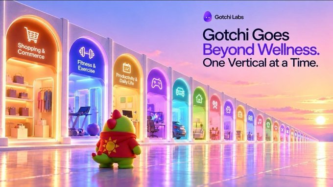 The image showcases a colorful, futuristic arcade-like display featuring illuminated portals labeled "Shopping & Commerce," "Fitness & Exercise," "Productivity & Daily Life," and more, with the "Gotchi Labs" logo and tagline "Gotchi Goes Beyond Wellness. One Vertical at a Time." prominently displayed alongside a small green mascot wearing a red sun shirt. This visual perfectly complements the post's message about Sleepagotchi's phased approach to building a consumer AI ecosystem, illustrating how they're methodically expanding beyond their initial Health & Wellness focus into additional verticals like Shopping, Fitness, and Productivity rather than launching everything at once.