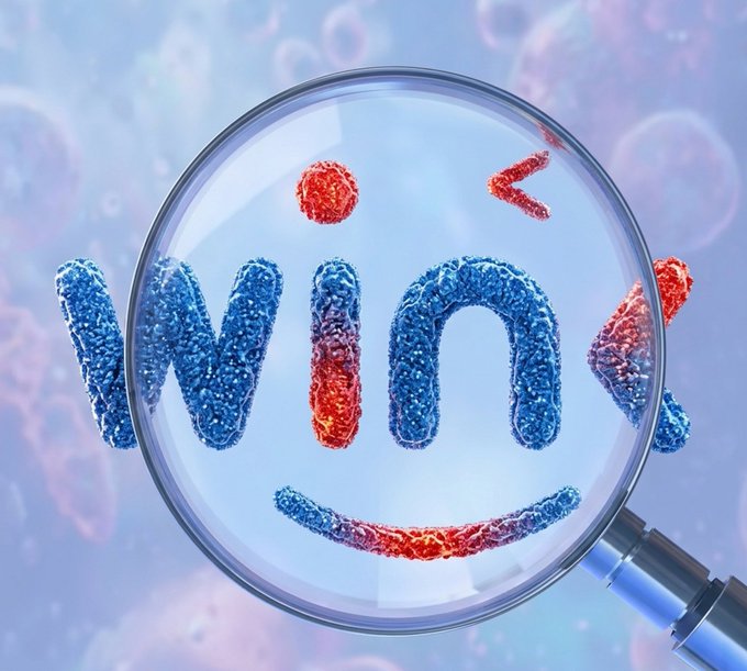 A conceptual 3D illustration of the word "WIN" rendered in blue and red textured letters resembling microorganisms, viewed through a magnifying glass against a blue background with floating bubbles.