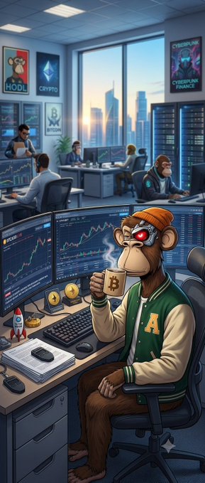 The image features a cartoon monkey sitting at a desk with a computer monitor, keyboard, mouse, and cup of coffee. The monkey appears to be working or studying while enjoying its coffee. In the background, there are several people present, possibly coworkers or fellow students. The overall atmosphere seems to be one of productivity and camaraderie, as everyone is engaged in their work or studies.