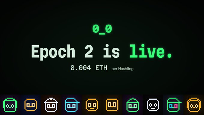 A promotional graphic reading 'Epoch 2 is live. 0.004 ETH per Hashling' with a row of pixel-art creature icons along the bottom.