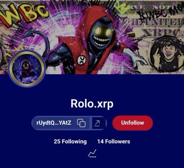A profile page for 'Rolo.xrp' displaying 25 following, 14 followers, with a banner featuring a demonic character in a red hoodie.