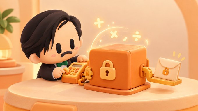 A 3D-rendered illustration of a cartoon man with a mustache typing on a calculator next to an orange padlocked safe, with a key and letter emerging, surrounded by glowing plus signs.