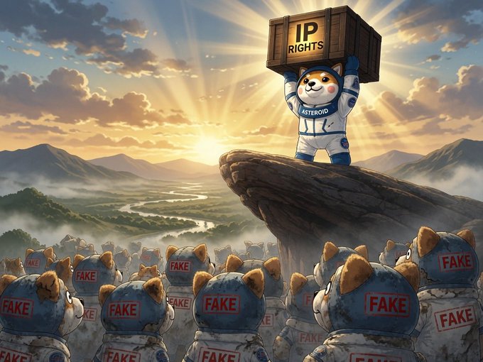 An astronaut Shiba Inu triumphantly hoists a crate labeled "IP RIGHTS" while standing on a cliff above a valley filled with faceless clones marked "FAKE." The image visually represents the post's message of authenticity, depicting Asteroid Coin as the original, certified asset standing above counterfeit imitators.