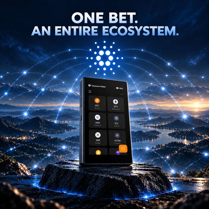 A promotional image for a cryptocurrency wallet, with the tagline 'ONE BET. AN ENTIRE ECOSYSTEM,' displaying a phone interface with tickers for BTC, ETH, ADA, SOL, XRP, and ATOM against a glowing night landscape.