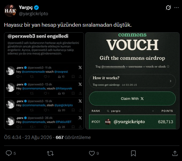 A Turkish tweet from @yargickripto discussing a blocked account by @perxweb3, alongside a screenshot of a 'commons VOUCH' airdrop page showing rank #001 with 628,713 points.