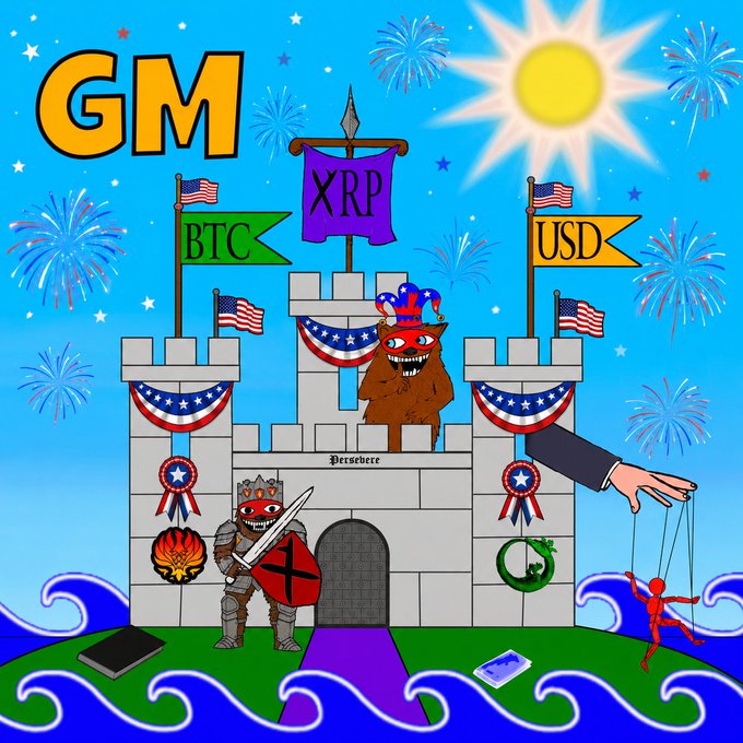 A colorful digital illustration depicting a castle labeled 'GM' with flags for 'BTC', 'XRP', and 'USD', featuring cartoon characters including a crowned furry creature labeled 'Berserker' and a knight, set against a sky with fireworks.