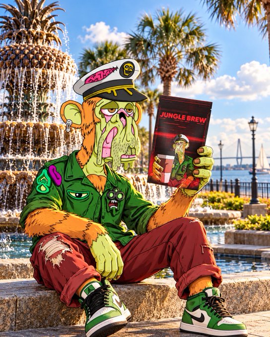 An illustrated zombie-like monkey character wearing a green jacket, ripped red pants, and a captain's hat holds a 'JUNGLE BREW' packet, sitting near a fountain with palm trees and a waterfront in the background.