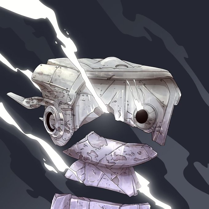 A digital illustration of a cracked, futuristic metallic device resembling a security camera or drone, with a white lightning bolt striking behind it against a dark gray background.