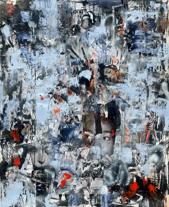 An abstract mixed-media artwork in blue, black, white, and red tones with collage-like elements and partial text.