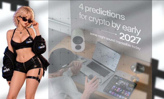 The image features a stylized graphic with the headline "4 predictions for crypto by early 2027 — some might sound 'impossible' today," set against a background showing a person analyzing crypto charts on a laptop and tablet, alongside a "1win" branded jacket and accessories, visually supporting the post's forecast of crypto's shift from speculation to real-world adoption by 2027.