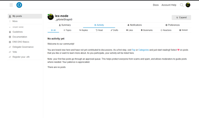 A screenshot of the ENS DAO Discourse forum showing a new user profile for "lex-node" with "No activity yet" and welcome message for new community members.