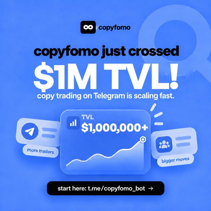 A blue promotional graphic announcing 'copyfomo just crossed $1M TVL!' for copy trading on Telegram, showing $1,000,000+ TVL with Telegram icons and link t.me/copyfomo_bot.