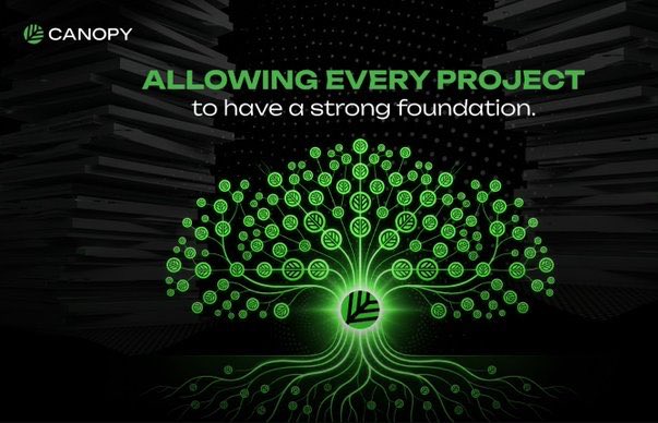 A promotional graphic for 'Canopy' featuring a glowing green digital tree with circuit-like branches and the tagline 'ALLOWING EVERY PROJECT to have a strong foundation.'