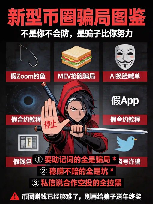 Chinese infographic titled '新型币圈骗局图鉴' (New Crypto Circle Scam Guide) with the subtitle '不是你不防，是骗子比你努力' (It's not that you don't defend, it's that scammers work harder than you), illustrating various scams like '假Zoom钓鱼' (Fake Zoom Phishing), 'MEV抢跑骗局' (MEV Front-running Scam), 'AI换脸喊单' (AI Face-swap Shouting), '假合约教程' (Fake Contract Tutorial), and '假钱包' (Fake Wallet).