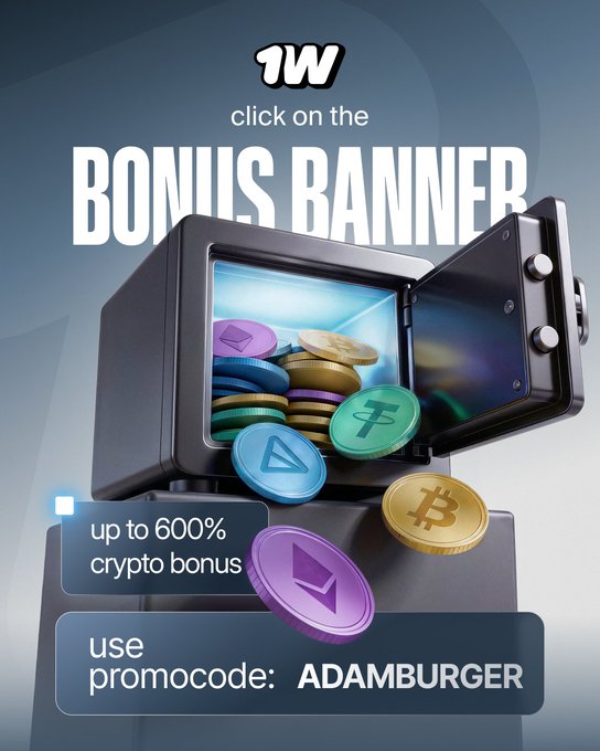 An advertisement reads '1W click on the BONUS BANNER up to 600% crypto bonus use promocode: ADAMBURGER,' featuring an open safe overflowing with various cryptocurrency coins.