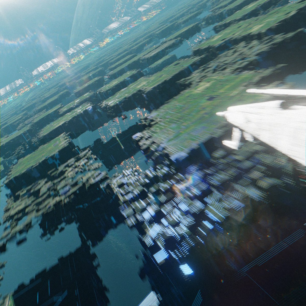 "Terra" is a word that appears in the caption of an image, which shows a view from above of a city or town with buildings and trees.