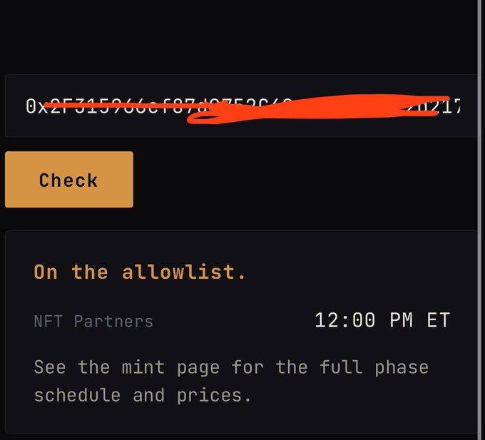 A wallet address input field with a "Check" button shows a result of "On the allowlist." at 12:00 PM ET for NFT Partners, indicating that the user has successfully verified their eligibility for an NFT mint — supporting the poster's excitement about being guaranteed a spot ("Gtd is gtd I'm super sat").