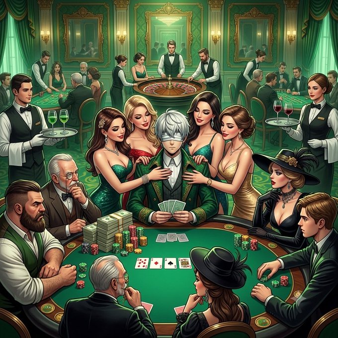 A blindfolded man holds pocket aces while being embraced by four glamorous women at a crowded high-stakes poker table, with stacks of cash and chips scattered around. The scene visually captures the "good morning degens" sentiment by depicting the ultimate gambling fantasy—a winning poker hand amid luxury, temptation, and risk, mirroring the bold, all-in mentality of crypto traders starting their day.