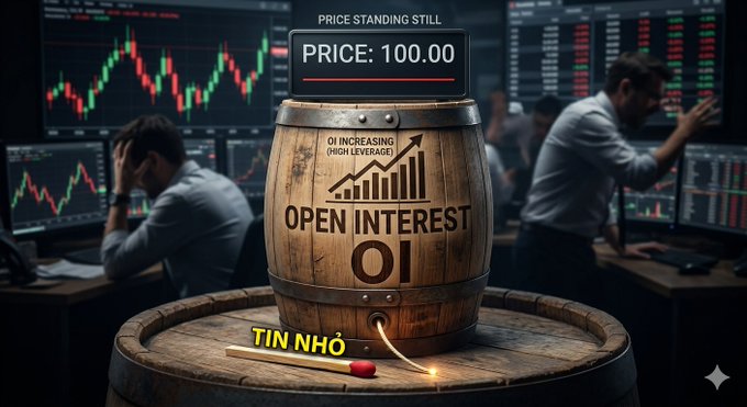 A financial-themed image showing a wooden barrel labeled "OPEN INTEREST OI" with "PRICE STANDING STILL PRICE: 100.00" displayed above, while stressed traders work at computer screens showing red and green stock charts.