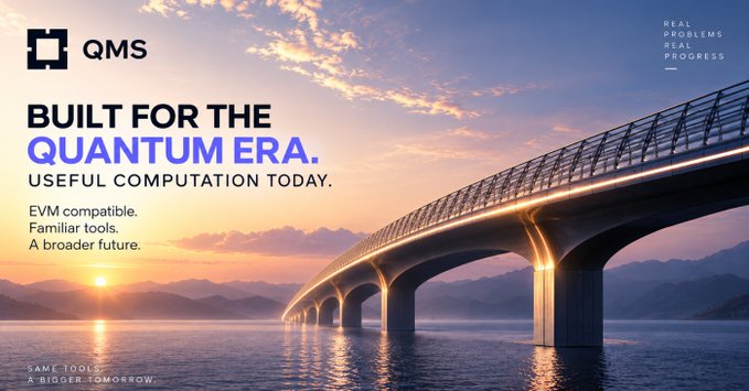 An advertisement for QMS featuring a bridge over water at sunset with the tagline 'BUILT FOR THE QUANTUM ERA. USEFUL COMPUTATION TODAY.'