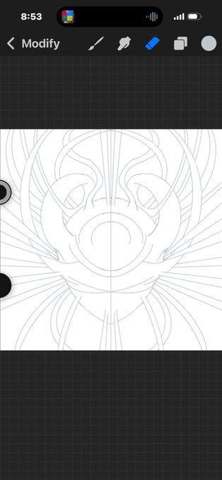 A screenshot of a digital drawing app showing a symmetrical line art sketch of a stylized creature's face with large eyes and intricate patterns.