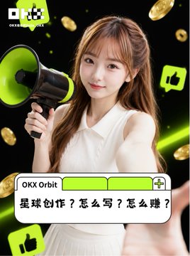 A young woman with long brown hair holds a black and neon green megaphone, surrounded by floating gold coins, with the OKX Orbit search bar displaying "星球创作？怎么写？怎么赚？" below her, illustrating the post's theme about learning to create and monetize on the OKX Star platform.