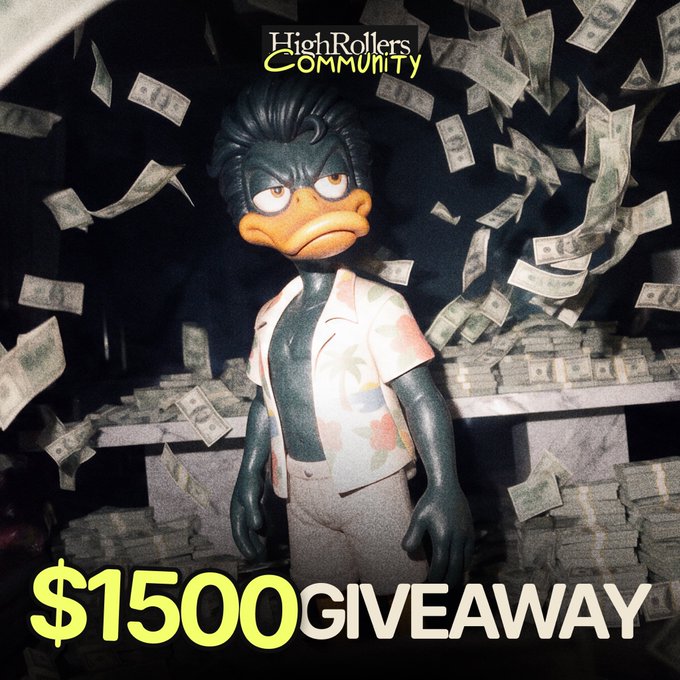 A 'HighRollers Community' promotional graphic featuring a moody anthropomorphic duck character in a floral shirt standing before a massive pile of cash, with '$1500 GIVEAWAY' displayed in large yellow text at the bottom.