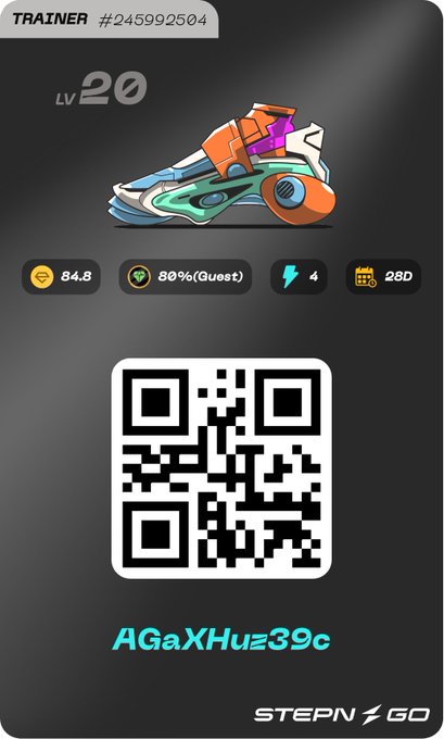 A STEPN GO game interface displays a colorful sneaker NFT at Lv 20, with stats showing 84.8 G, 80% (Quest), 4 energy, and 28D, alongside a QR code and the username AGaXHuz39c.