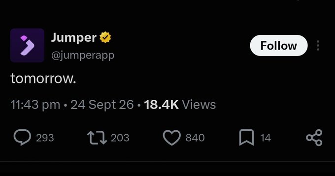 A tweet from Jumper (@jumperapp) with a verified badge simply says 'tomorrow.' posted at 11:43 pm on 24 Sept 26, showing 18.4K views, 293 replies, 203 retweets, 840 likes.