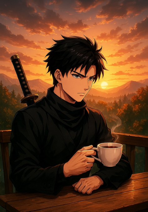 The image features a man sitting at a table with a cup of coffee in front of him. The man appears to be wearing a black shirt and holding a sword while looking out into the distance, possibly watching over his projects or contemplating something important. The background shows mountains under an orange sky, creating a serene atmosphere for the scene.