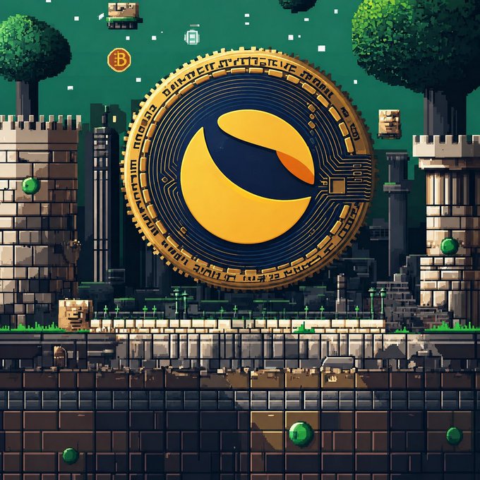 A pixel art illustration of a giant Bitcoin-style coin in a retro platformer game setting with green trees, castle towers, and brick platforms.