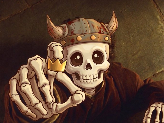 Stylized illustration of a cartoon skeleton wearing a horned viking helmet and a brown cloak, holding up a skeletal hand making a small crown shape.