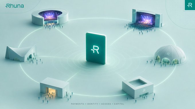 A Rhuna branding graphic showing a central 'R' card icon connected to various venues and event spaces, with the tagline 'PAYMENTS • IDENTITY • ACCESS • CAPITAL'.