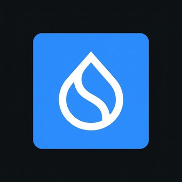 A minimalist app icon featuring a white stylized water drop inside a blue rounded square on a black background.