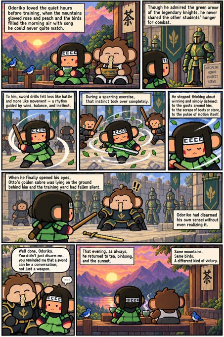 A four-panel comic titled "Odorko loved the quiet hours before training..." tells a story about a monkey warrior named Odorko who, after defeating students with a sword drill, sits peacefully to drink tea with birds at sunset.